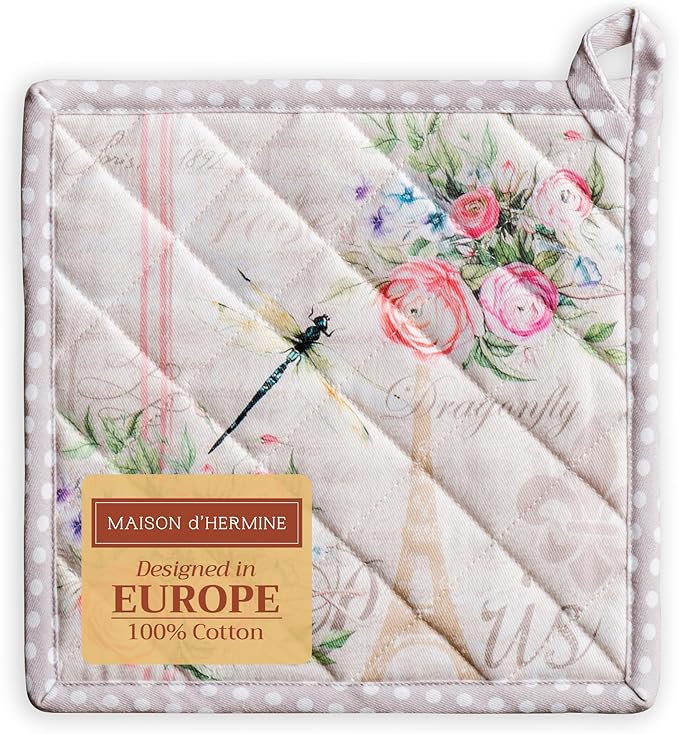 Maison d' Hermine Pot Holders 100% Cotton Heat Resistant Potholders 8" x 8" Hot Pads with Loop BBQ, Cooking, Baking, Grilling, Kitchen, Handling Hot Pans Spring/Summer (Pack of 1, Champ De Mars)