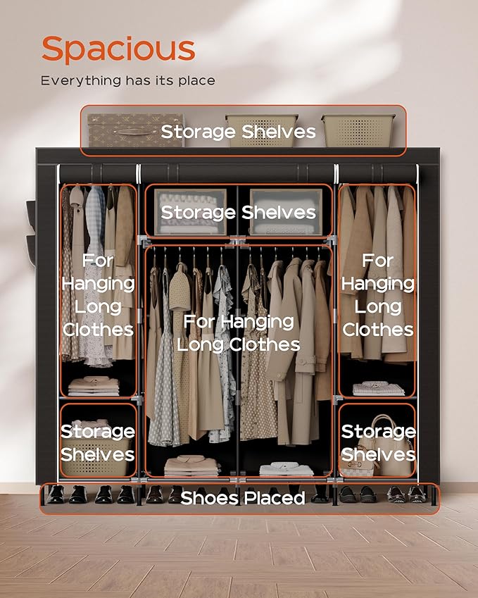 Portable Closet, 66.9 Inch Large Capacity Wardrobe Closet with Cover, Clothes Storage Organizer with Shelves and 4 Hanging Rods, Easy to Assembly, Black PCT204B01