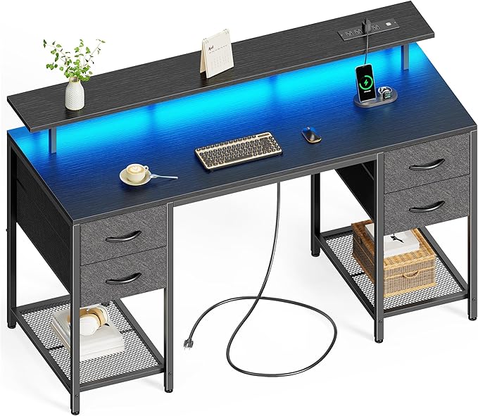 Huuger 55 inch Computer Desk with 4 Drawers, Gaming Desk with LED Lights & Power Outlets, Home Office Desk with Large Storage Space for Bedroom, Work from Home, Black