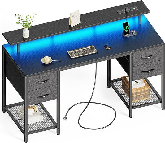 Huuger 55 inch Computer Desk with 4 Drawers, Gaming Desk with LED Lights & Power Outlets, Home Office Desk with Large Storage Space for Bedroom, Work from Home, Black