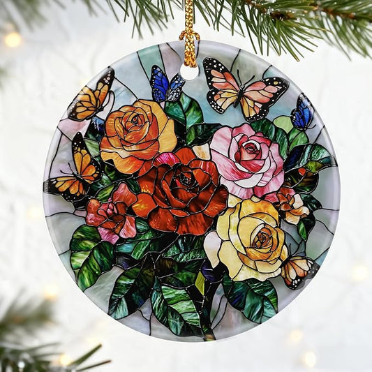Butterfly & Rose Ornament, Christmas Ornaments, Christmas Decorations, Holiday Decor Gifts for Family, Friends & Flower Lovers, Gift Exchange & Gift Idea, Giftbox Included