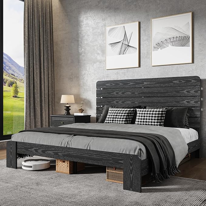King Size Wooden Bed Frame with Headboard, Industrial Platform Bedframe with Wood Slat Support, Sturdy and No Noise, Easy Assembly (Black, King)