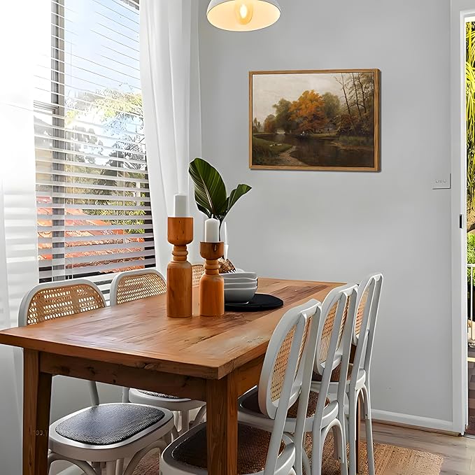 Floating Framed Canvas Wall Art Decor – Vintage Autumn by the Water Landscape Paintings Prints, Nature Countryside Pictures Wall Decor for Living Room Bedroom Office Decoration 12x16 inch