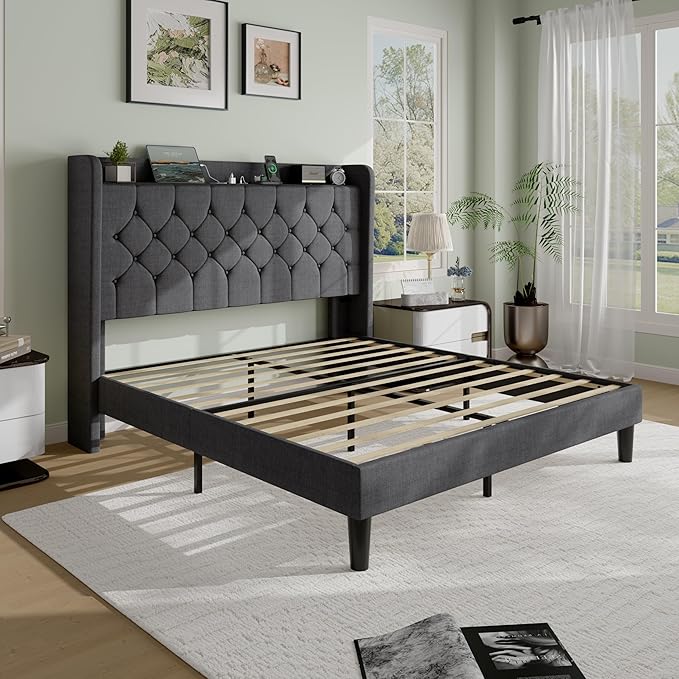SHA CERLIN Full Size Platform Bed Frame with Charging Station, Velvet Wingback Headboard with Storage shelf, Wooden Slats Support, Ample Under-Bed Space, No Box Spring Needed, Easy Assembly, Dark Grey