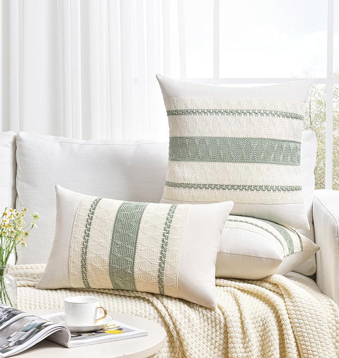 Fancy Homi Set of 2 Sage Green Boho Decorative Throw Pillow Covers 20x20 Inch for Living Room Bedroom Couch Bed Indoors, Rustic Retro Cushion Case, Bohemian Room Home Decor