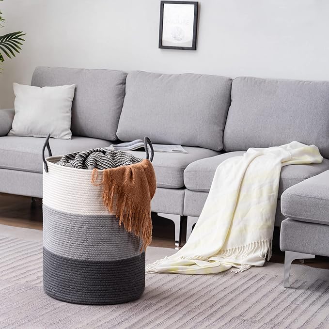 Woven Rope Laundry Hamper Basket by YOUDENOVA, 72L Tall Laundry Basket, Baby Nursery Hamper for Blanket Storage in Bedroom-Large-Dark Grey