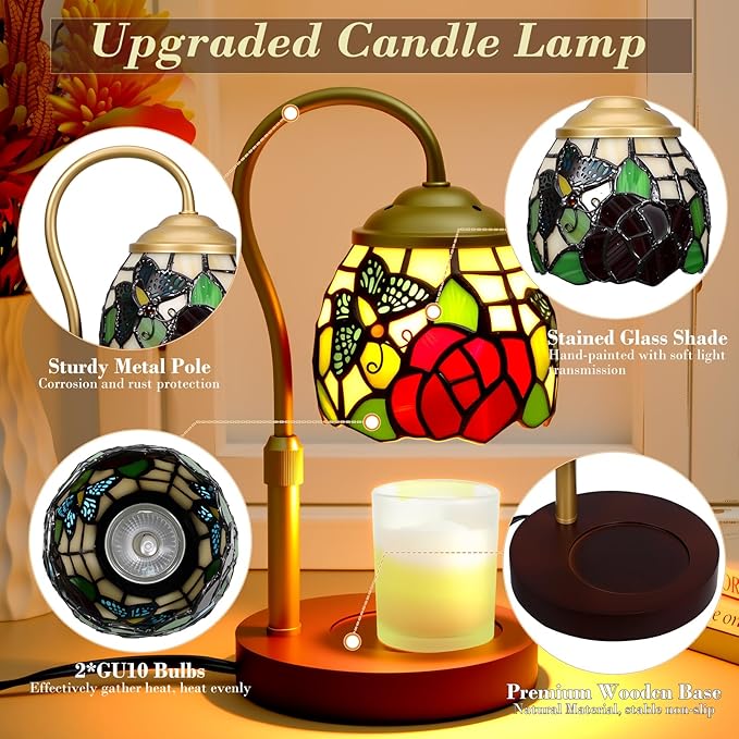 Candle Warmer Lamp with Timer Dimmer, Adjustable Height Candle Warmer for Jar Candles, Birthday Gifts for Women New Home Bedroom Decor Tiffany Butterfly Style Stained Glass with 2 Bulbs