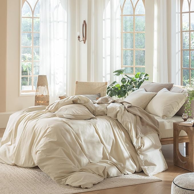 MooMee Bedding Duvet Cover Set 100% Washed Cotton Linen Like Textured Breathable Durable Soft Comfy (Heathered Almond Milk Grey, Super Queen 90"x98")