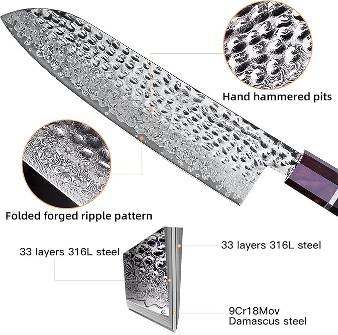 FINDKING Eternity Series Japanese Santoku Knife with ABS sheath, Professional Kitchen Knife, 9Cr18MoV Damascus Steel Blade, Resin Octagonal Handle, for Meat, Fruits, Vegetables, 7 Inches
