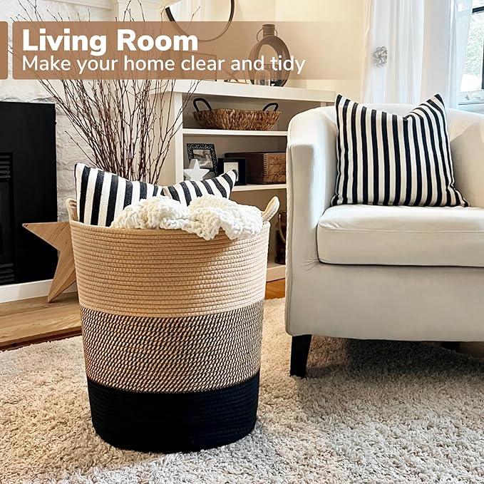 INDRESSME Laundry Basket Large Laundry Hamper, Woven Baskets for Storage, 17.8" x 15.8" x 13.8", Wicker Laundry Basket for Living Room, Dirty Clothes Basket, Baby Hamper for Nursery, Black & Jute