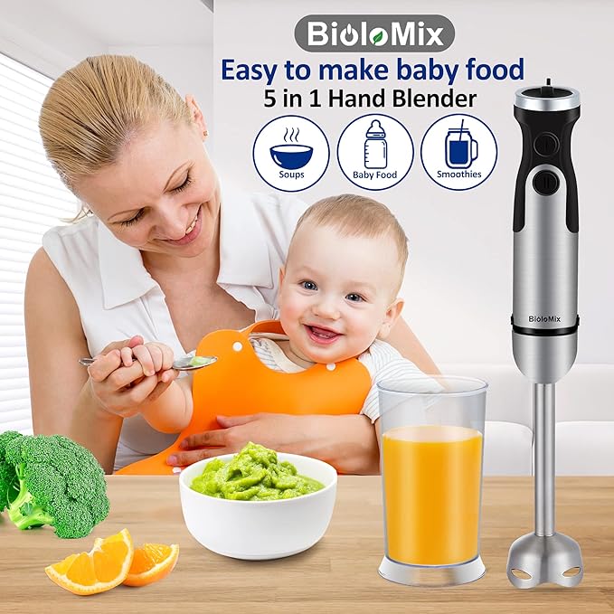 BioloMix Hand Blender 5 in 1 Immersion Blender 1000W, 6 Speed With Turbo Mode hand blenders immersion Stainless Steel Blade With 800ml Chopper, 600ml Mixing Beaker, Whisk and Milk Frother