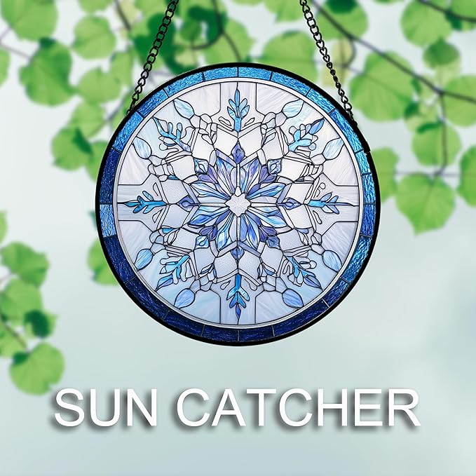 Stained Glass Window Hanging 4 Pcs Set Blue White Christmas Snowman Snowflake 7.8" - Suncatcher Door Garden Sun Catcher Decor Birthday Mother's Day Xmas Gifts for Mom Woman Nana Men