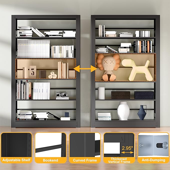 69" Tall Heavy-Duty Bookshelf, 5-Tier Metal Bookshelf with Adjustable Shelves, Open Shelf Bookcase, Tall Bookshelves for Home Office, Library, Bedroom, Including Book Stopper