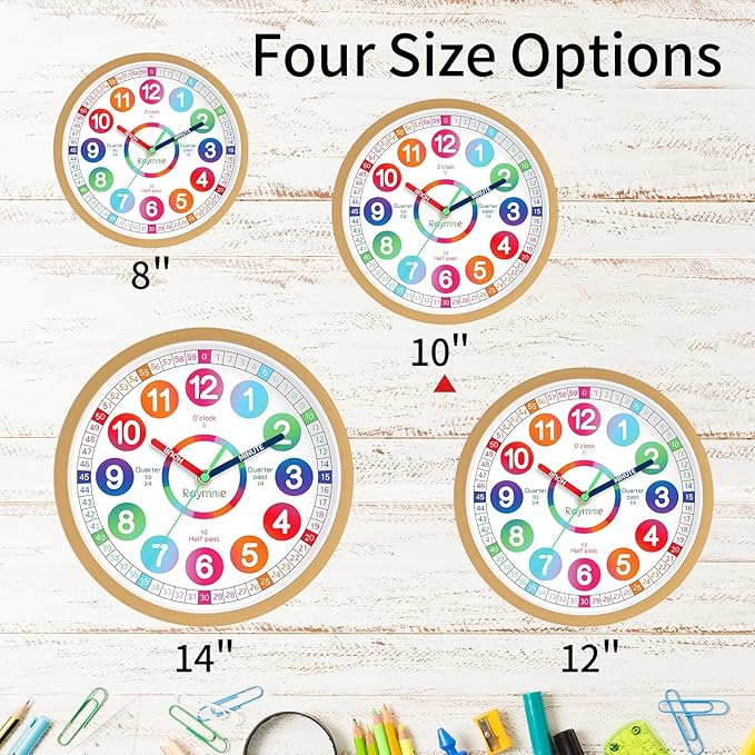 Learning Clock for Kids Telling Time Silent Non Ticking Battery Operated Colorful Teaching Time Clock Decorative for Kids Room Classroom School Playroom (10 Inch)