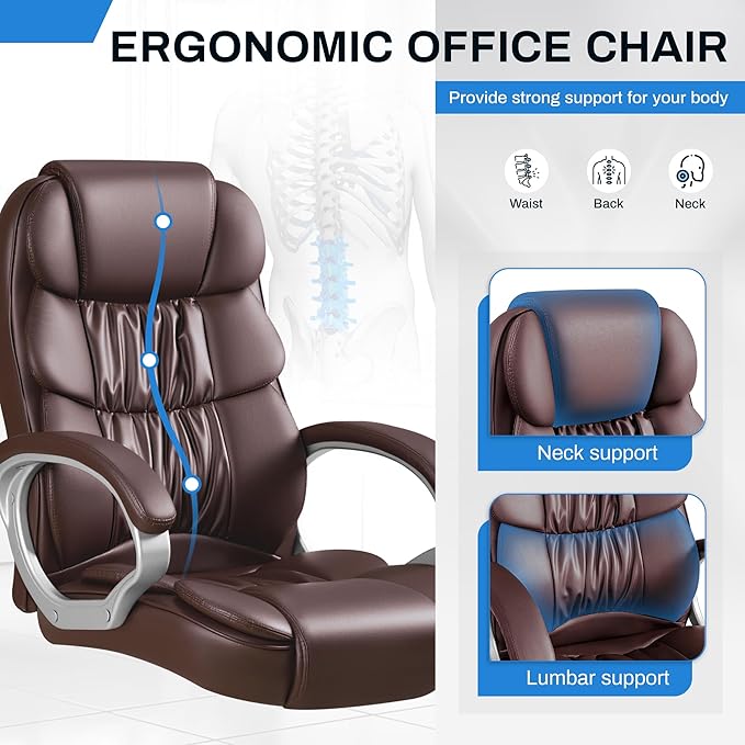 Furmax Leather High Back Office Chair Ergonomic Executive Office Chair Swivel Computer Desk Chair Lumbar Support Soft Cushioned Padded Arms (Brown)