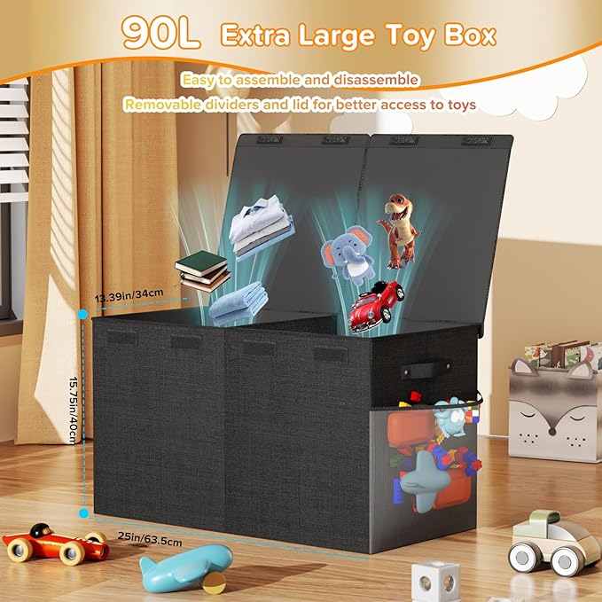 Large Toy Box Chest, Collapsible Sturdy Toy Storage Organizer Boxes Bins Baskets Dinosaur Kids Toy Chest Bin with Lids for Boys Girls Living Room Playroom Bedroom Nursery 25"x14"x16" Black