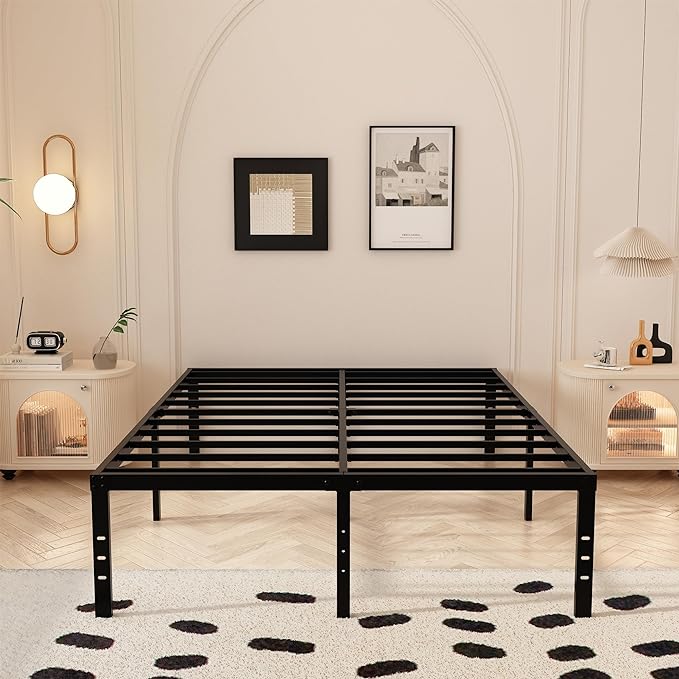 California King Bed Frames with Fabric Cover, 18 Inch Heavy Duty Metal Platform Support Up to 3000 lbs with Steel Slat, No Box Spring Needed, Easy Assembly, Noise Free, Black