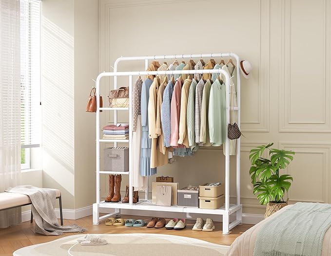 Double Rods Clothes Rack Clothing Rack with 4 Tier Storage Shelves Clothes Rack for Hanging Clothes Multifunctional Heavy Duty Clothes Organizer with Hooks for Bedroom,Wardrobe Closet,Shop,White