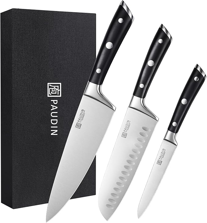 PAUDIN Kitchen Knives Set, Switzer 3-Piece Chefs Knife Set High Carbon Stainless Steel with Ultra Sharp Blade & Plastic Handle Professional Chef Knives