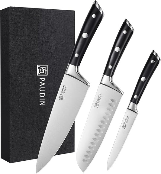 PAUDIN Kitchen Knives Set, Switzer 3-Piece Chefs Knife Set High Carbon Stainless Steel with Ultra Sharp Blade & Plastic Handle Professional Chef Knives