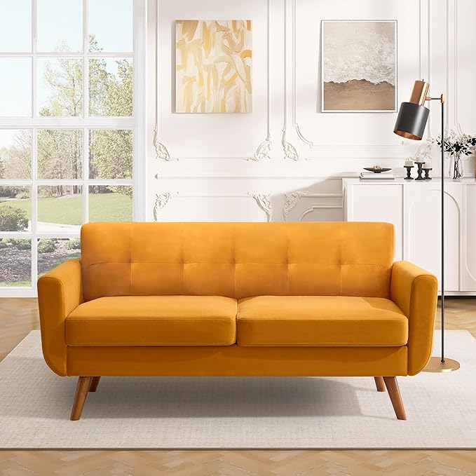 Tbfit 65" W Loveseat Sofa, Velvet Mid Century Modern Love Seat Couches for Living Room, Button Tufted Upholstered Small Couch for Bedroom, Solid and Easy to Install Love Seats Furniture, Yellow