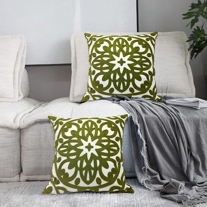 Alysheer Embroidered Decorative Throw Pillow Covers 18"x18" Set of 2 Pieces, Chic Boho Mandala Knit Pattern, Durable 100% Cotton Canvas Cushion Cases for Sofa Couch Living Room(Olive Green)