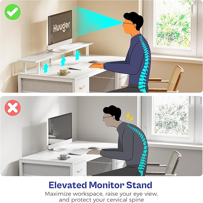 Huuger 47 inch Computer Desk with 4 Drawers, Gaming Desk with LED Lights & Power Outlets, Home Office Desk with Large Storage Space for Bedroom, Work from Home, White