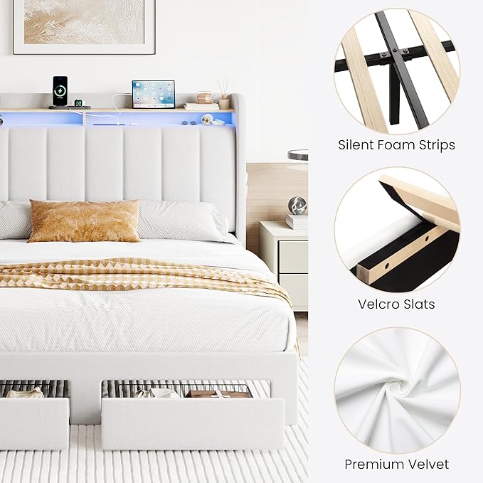 SHA CERLIN Velvet Queen Bed Frame with Vertical Channel Tufted Wingback Headboard & 2 Storage Drawers/2-Tier Shelves with LED Lights & Charging Station/Noise-Free/No Box Spring Needed/White