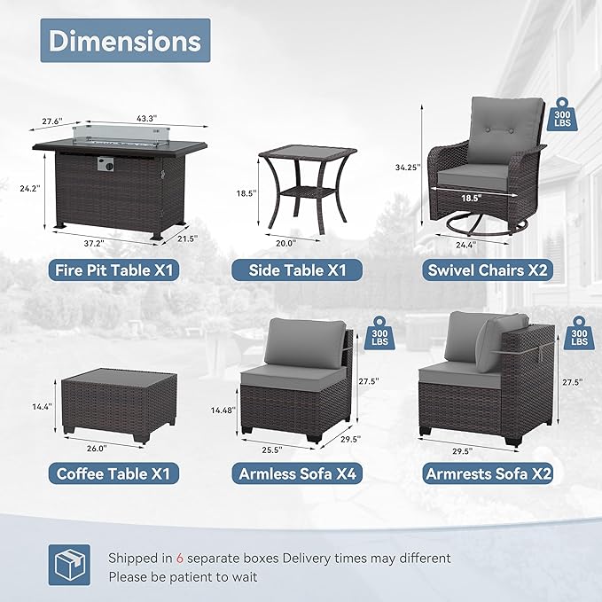 Kurapika 11 Pieces Patio Furniture Set, Rattan Wicker Outdoor Conversation Sets w/43in Propane Fire Pit Table, Swivel Rocking Chairs Patio Sectional Sofa w/4 Inch Cushion, Grey