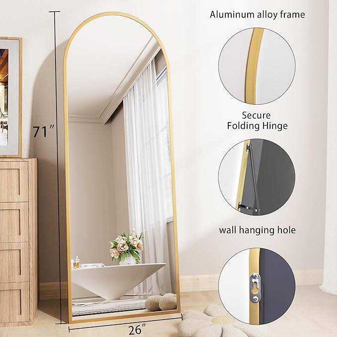 nanoglass Arch Mirror Full Length,Gold Mirror Full Length 71"x26",Standing Mirrors Full Body Mirrors for Bedroom,Large Mirror(Gold)