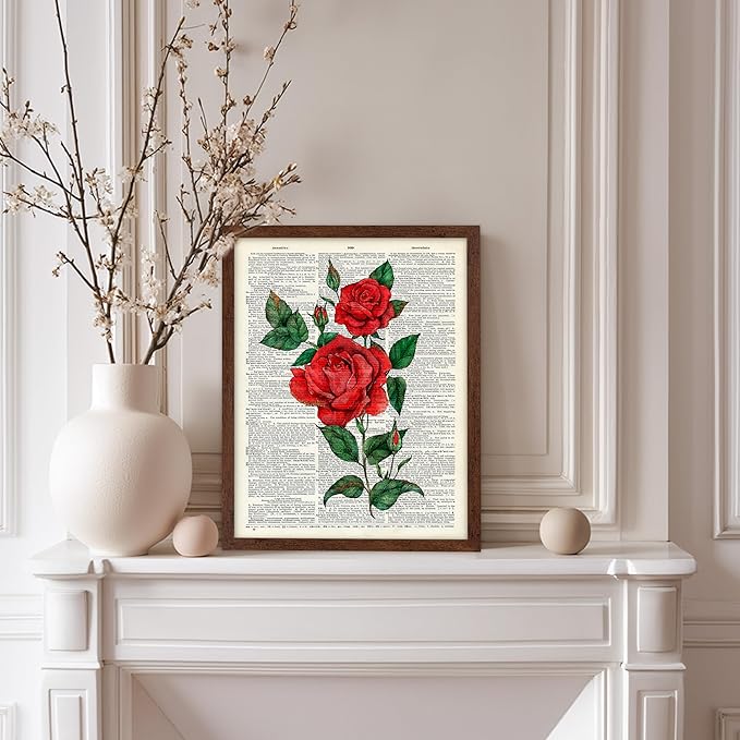 Poster Master Dictionary Art Poster - Red Roses Print - Flower Art - Floral Art - Gift for Men, Women & Florist - Minimal Decor for Living Room, Bedroom, Dorm or Flower Shop, 8x10 Brown Framed