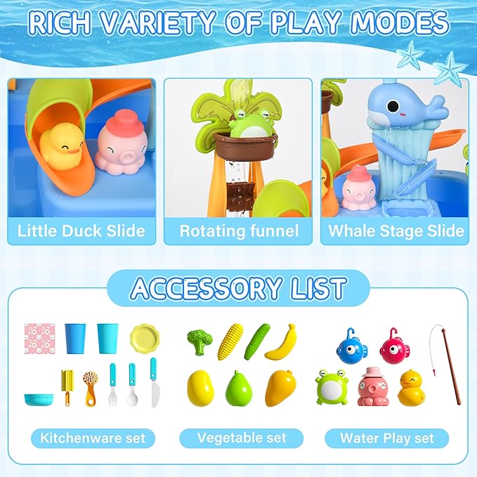 2026 Upgraded Water Table for Toddlers 1-3, Water Table with Pump,Toy Kitchen Sets for Kids Ages 4-8, with Detachable Legs, Play Sink with Electric Faucet, Includes Play Vegetables and Fishing Game