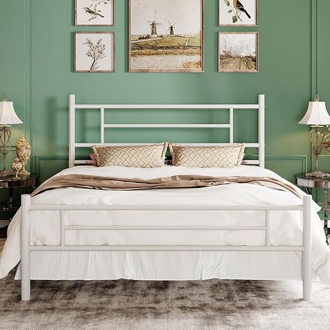 SHA CERLIN 14 Inch Full Size Metal Bed Frame with Iron-Art Headboard and Footboard,Under Bed Storage Space,Platform Bed with Metal Slats Support,Easy Assembly,Noise Free,No Box Spring Needed,White