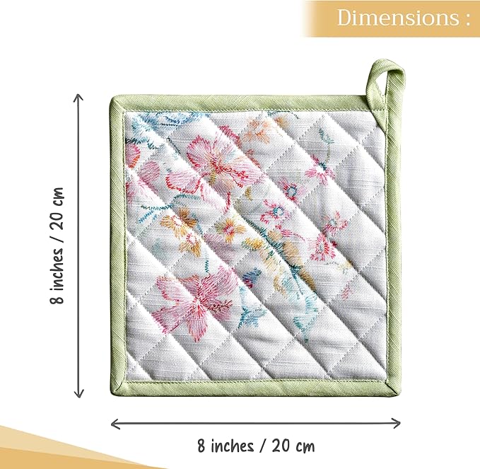 Maison d' Hermine Pot Holders set 100% Cotton Heat Resistant Potholders 8" x 8" Hot Pads with Loop BBQ, Cooking, Baking, Grilling, Kitchen, Handling Hot Pans Spring/Summer (Pack of 2, Paradise Island)