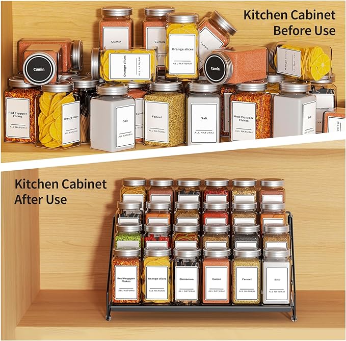4 Tier Spice Rack for Cabinet, Spice Rack Organizer, Depth Adjustable Spice Holder for Countertop, Cupboard, Pantry, Seasoning Shelf, Metal, Black (1 Pack)
