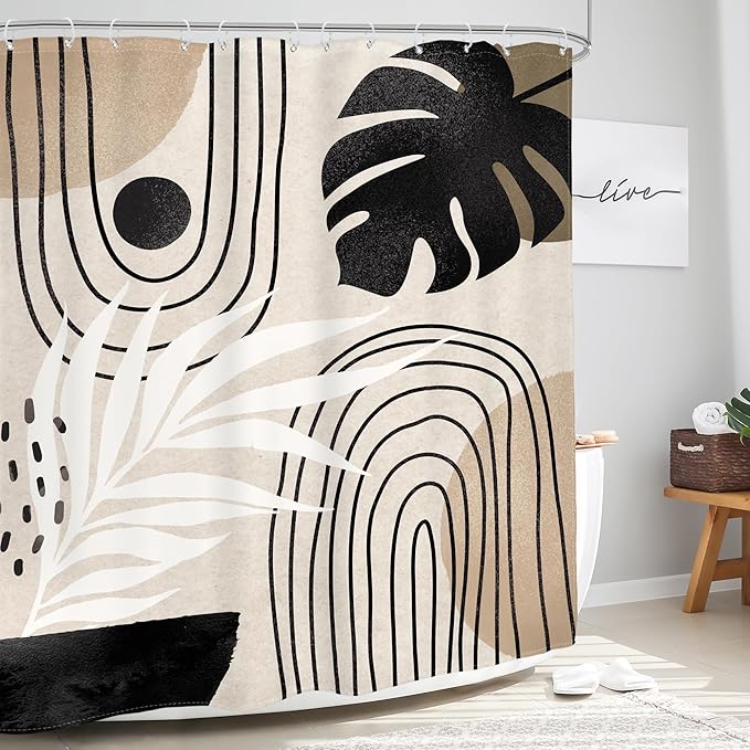 Glawry Boho Black Brown Beige Shower Curtain Modern Mid Century Abstract Tropical Palm Leaf Bathroom Minimalist Geometric Arch 72Wx72L Inches Bath Accessories Art Home Decor Fabric 12 Pack Hooks