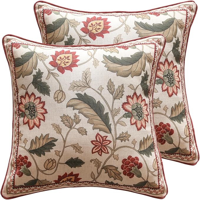 Design Square Pink Floral Linen Throw Pillow Covers 18"x18" Pack of 2, Vintage Country Flowers Pattern Cushion Covers Decor Pillowcases for Bed,Living Room,Outdoor,Car