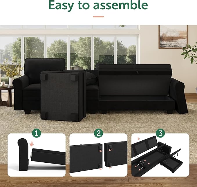 HONBAY Convertible Sectional Sofa with Storage U Shaped Sectional Couch with Reversible Chaise Small Sectional Couches for Living Room,Mid Black