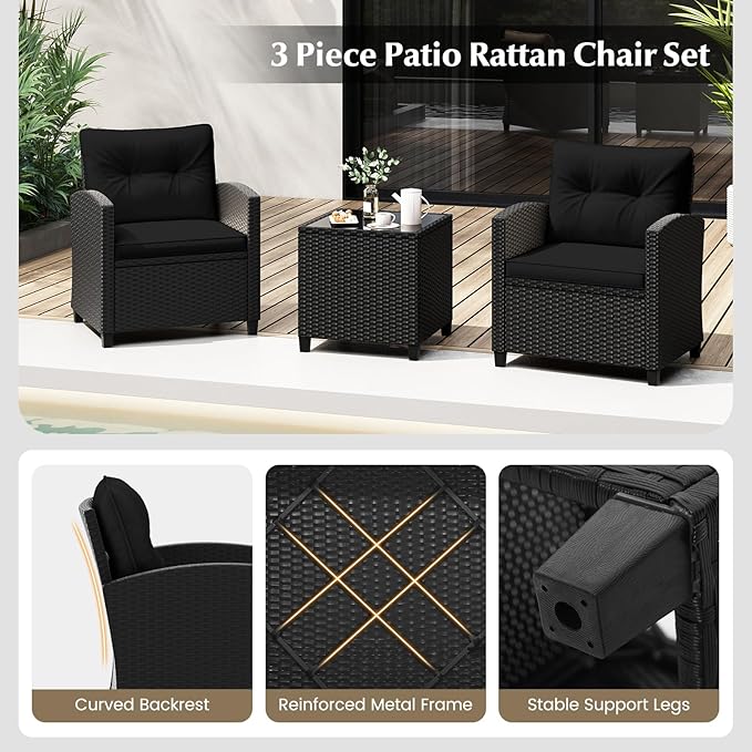 Tangkula 3 Piece Patio Furniture Set, Rattan Conversation Set w/Soft Seat & Back Cushions, Tempered Glass Topped Coffee Table, Cushioned Wicker Seating Set for Backyard, Porch, Poolside (Black)