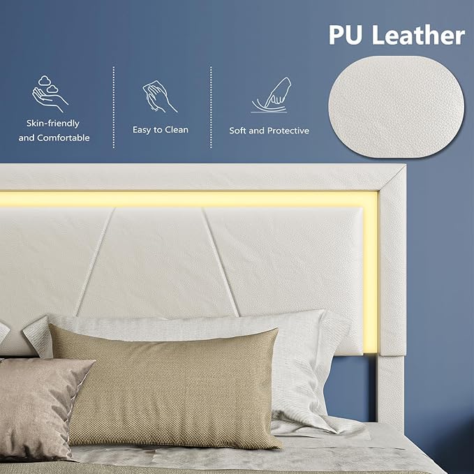 Queen Size Bed Frame with Adjustable Headboard, Upholstered Platform Bed with 4 Storage Drawers, Wooden Slats Support, Built in Charging Station & LED, Noise-Free, No Box Spring Needed, Beige