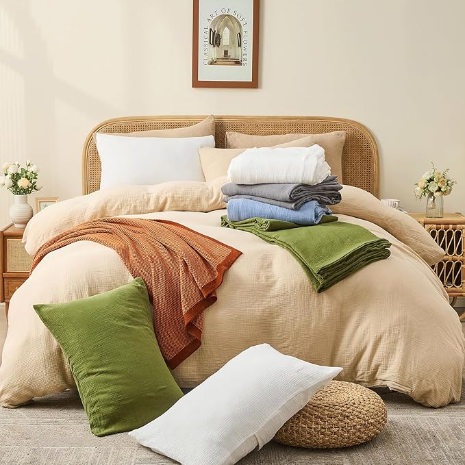 MEISHANG Muslin Duvet Cover Queen Size - 100% Organic Cotton, Soft Textured Gauze Weave Comforter Cover for Breathable All-Season with Zipper Closure - 3 Piece Set (Queen, Cameo Rose)