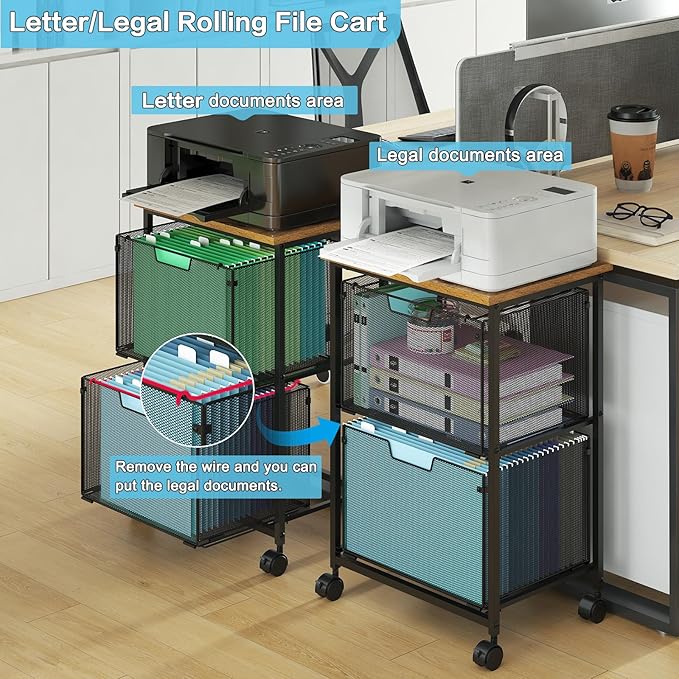 Letter/Legal Mobile File Cabinet, Rolling File Cart with 2 Drawers Filing Cabinet for Home Office, Hanging File Folders Organizer for Under Desk Storage, Mobile Printer Stand, Black and Brown