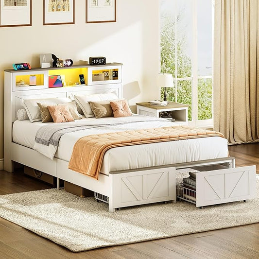 Yoobure Farmhouse Full Size Bed Frame with Headboard, Full Bed Frame with Charging Station & LED Lights, Platform Beds with 2 Storage Drawer, Wood Bedframe, Noise Free, No Box Spring Needed, White