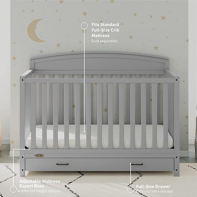 Graco Benton 5-in-1 Convertible Crib with Drawer (Pebble Gray) -Converts from Baby Crib to Toddler Bed, Daybed and Full-Size Bed,Fits Standard Full-Size Crib Mattress, Adjustable Mattress Support Base
