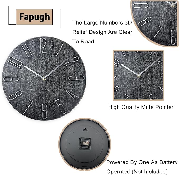Faupugh 12 inch Silent Wall Clock, Wall Clocks Battery Operated Decorative Clock, Suitable for Home, Office, School, Kitchen, Bedroom, Living Room (Gray)