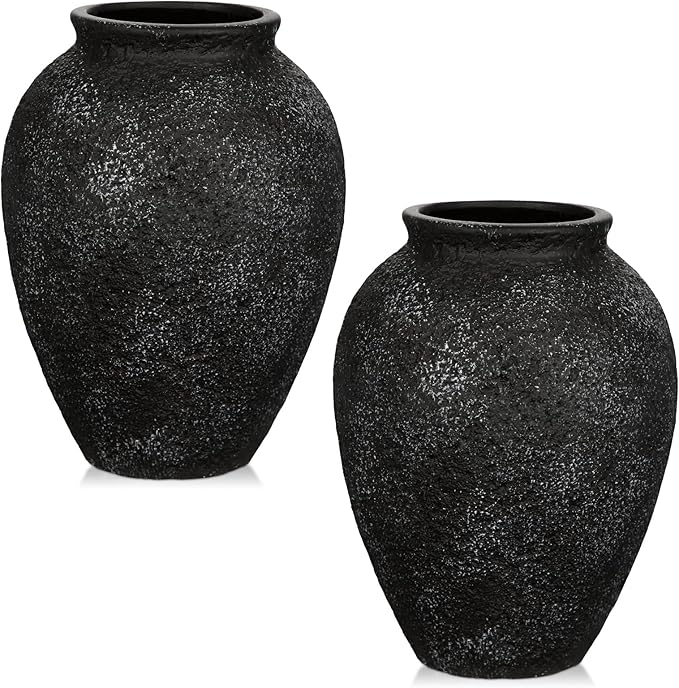 Rustic Ceramic Vase for Home Decor – 2PCS 6.7" Small Decorative Textured Black Vases for Dried Flowers, Pampas Grass, Faux Plants – Modern Farmhouse Boho Table Centerpiece
