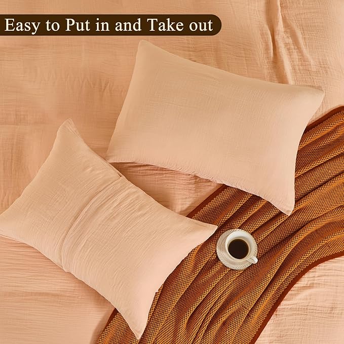 MEISHANG Muslin Duvet Cover Queen Size - 100% Organic Cotton, Soft Textured Gauze Weave Comforter Cover for Breathable All-Season with Zipper Closure - 3 Piece Set (Queen, Cameo Rose)