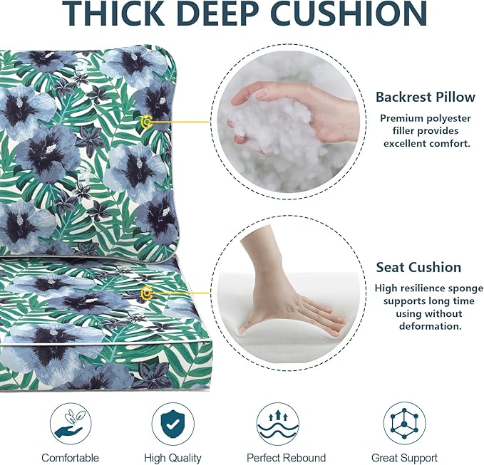 Outdoor Deep Seat Cushions Set 24 x 24 Inch for Patio Furniture,Water Resistant Chair Cushions Replacement Includes Seat Cushion & Back Pillow for Sofa, Wicker Chair - Blue Salmone Tropical