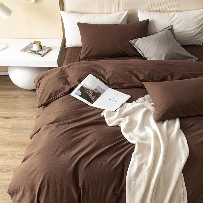 JIYUAN 100% Washed Cotton Duvet Cover Set 2 Pieces Twin, 1 Duvet Cover 68x90 Inches(Comforter Not Included) and 1 Pillowcases,Linen Feel Bedding Set Comfy and Breathable,Chocolate Brown