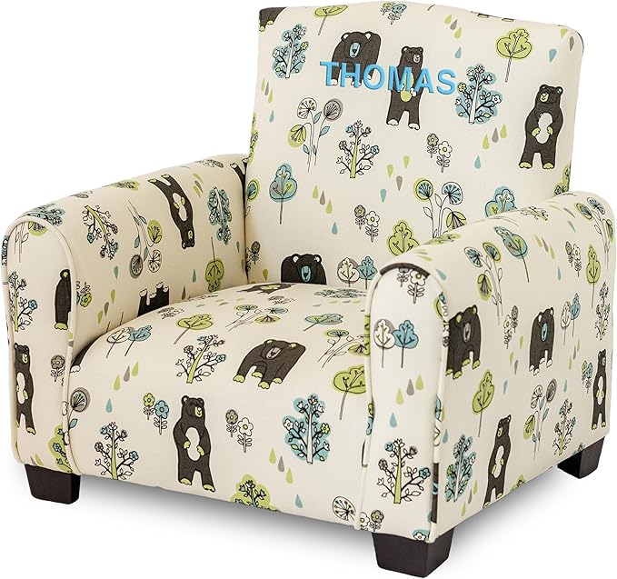 Toddler Personalized Armchair, Kids Upholstered Rocking Chair with Personalization, Toddler Chair with Personalized Name, Comfy Child Armchair, (Bears & Trees Print, Legs)